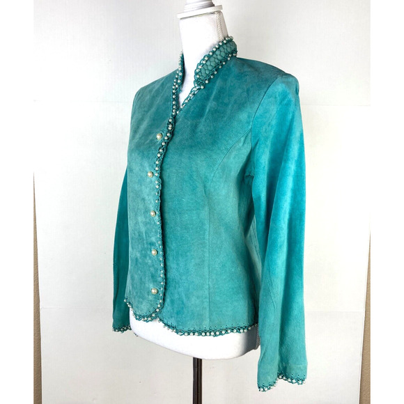 Sophie Chang Studio Suede Jacket Turquoise w Pearl Crochet Trim Sz 10 - Picture 5 of 8